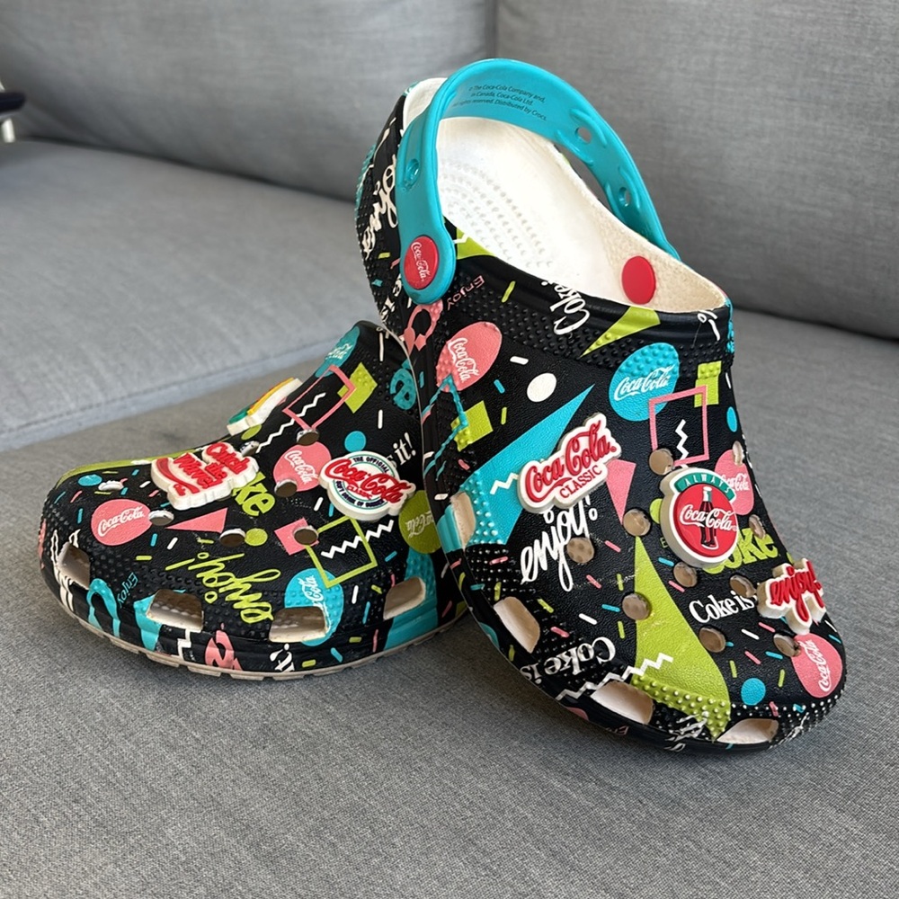 Crocs limited edition, sold out Coca Cola pattern.